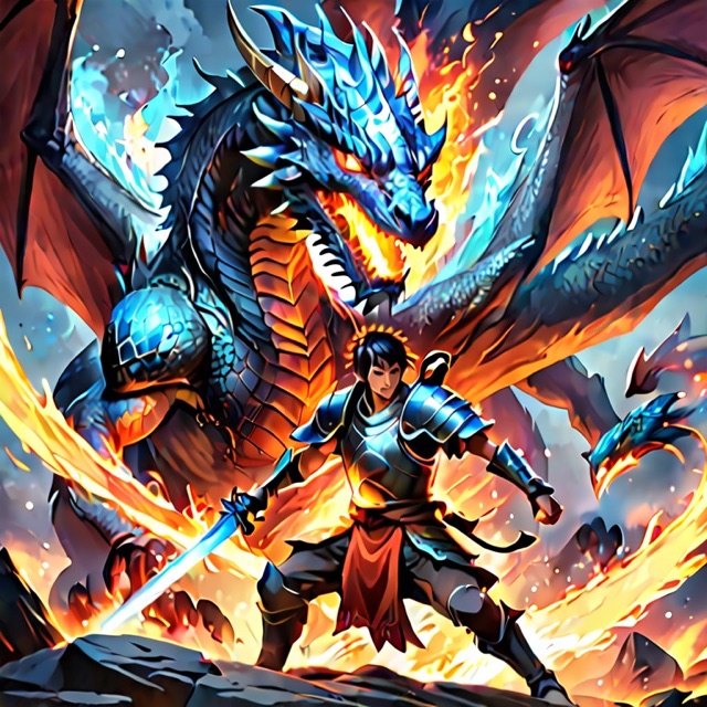 An anime warrior with a glowing sword fighting a fire dragon