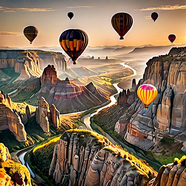 Hot air balloons over a valley at sunrise