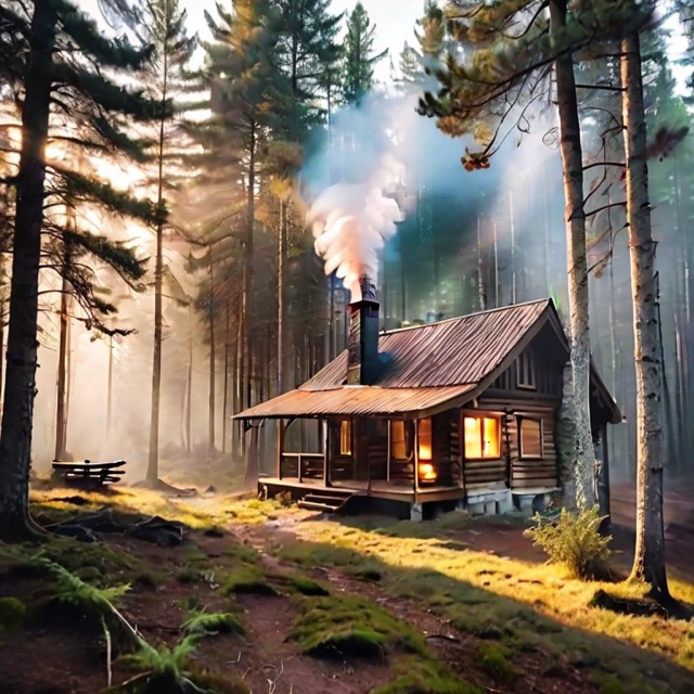 A cozy wooden cabin in a misty pine forest at sunrise
