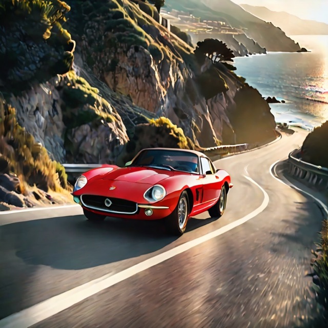 A classic red sports car on a coastal road at sunset