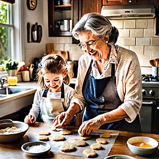 A grandmother and granddaughter baking cookies