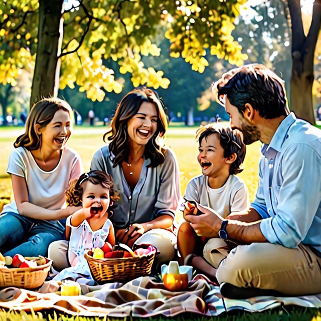 A happy family having a picnic in a sunny park
