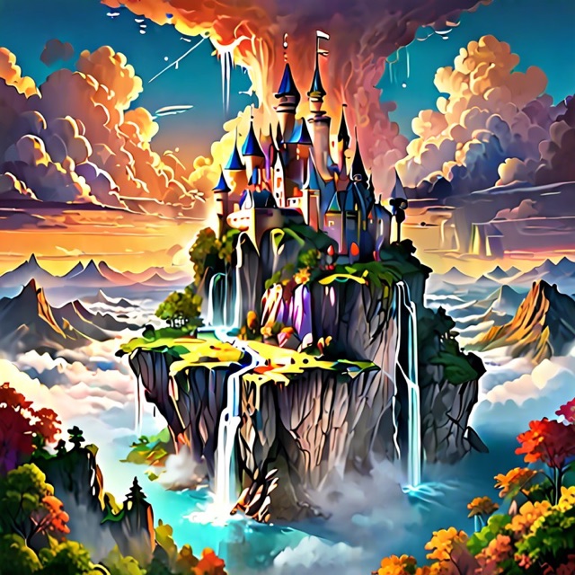 A fantasy castle on a floating island above the clouds