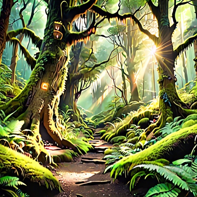 An enchanted forest with sunbeams