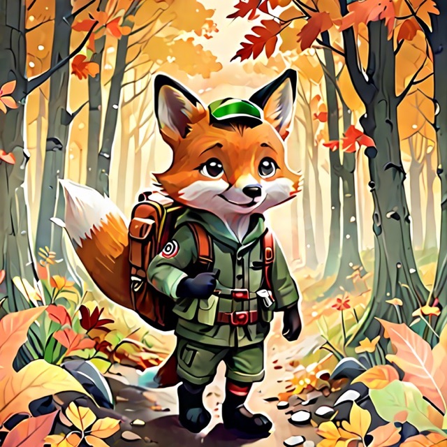 A cute fox explorer in an autumn forest