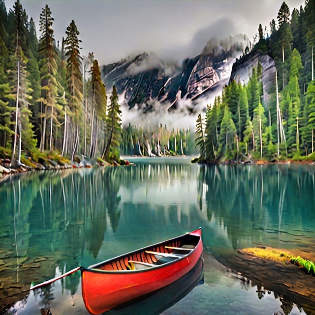 A red canoe on a turquoise mountain lake
