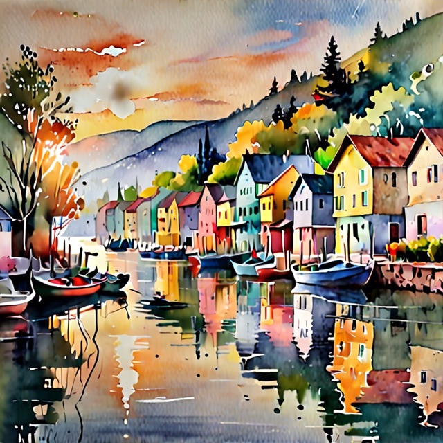 A watercolour lakeside village at sunrise
