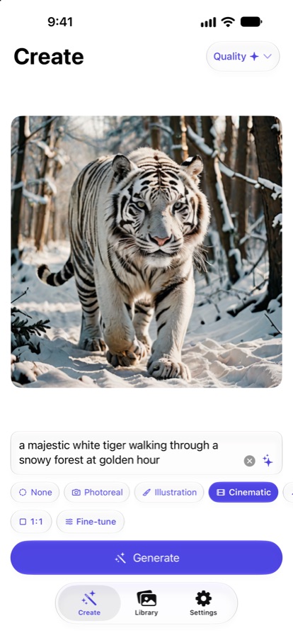 The MozoAI Create screen with a generated white tiger